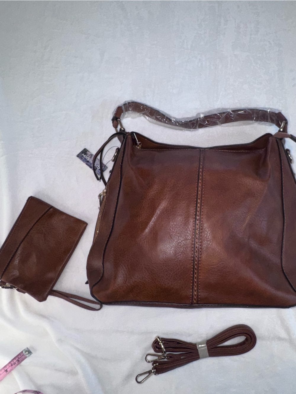 Brown Faux Leather Slouchy Hobo Shoulder Bag NWT Side Pockets Crossbody Strap - Picture 9 of 11